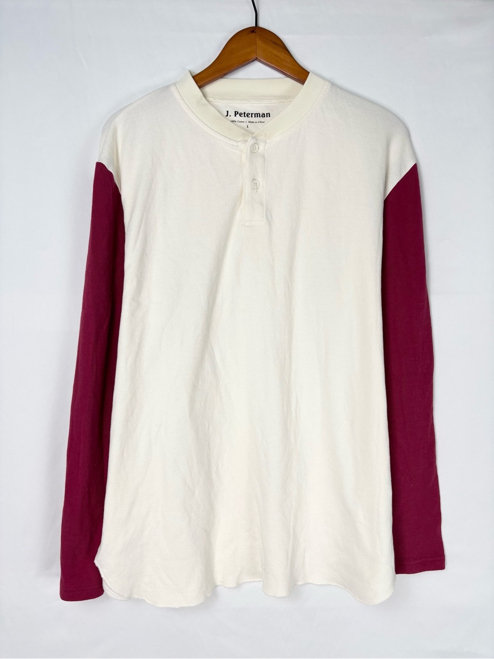 J Peterman Authentic Baseball Sleeves Shirt Henley Natural Red White Men Size L